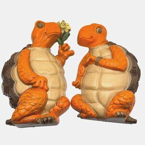 Burwood Turtle Wall Plaque Pair 1978 MCM Molded Plastic Orange Beige Home Decor